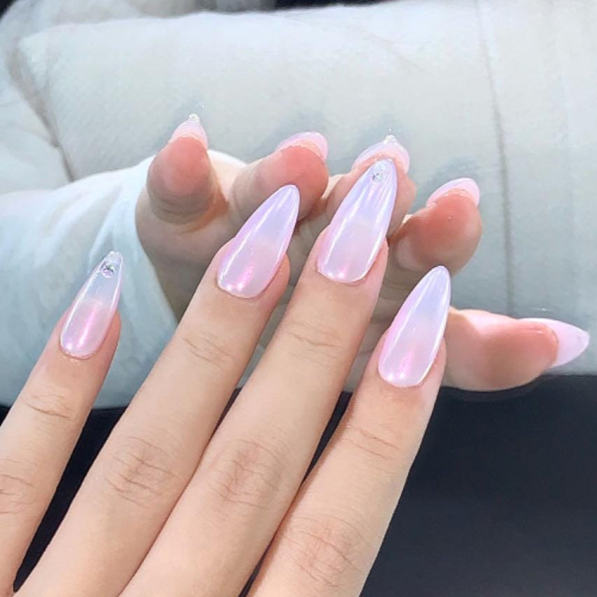 Iridescent Pearl Chrome Press-On Nails with Rhinestones glue on dreamy soft lavender pink accents bridal glam fairytale luxury y2k holograph