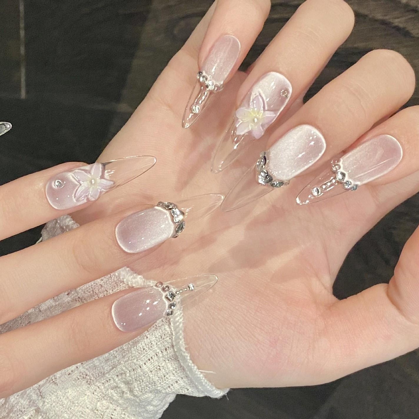 Icy Crystal Butterfly Press-On Nails Long Clear & White Glam Set soft 3d butterflies flowers silver crystal charms bridal elegance fairycore
