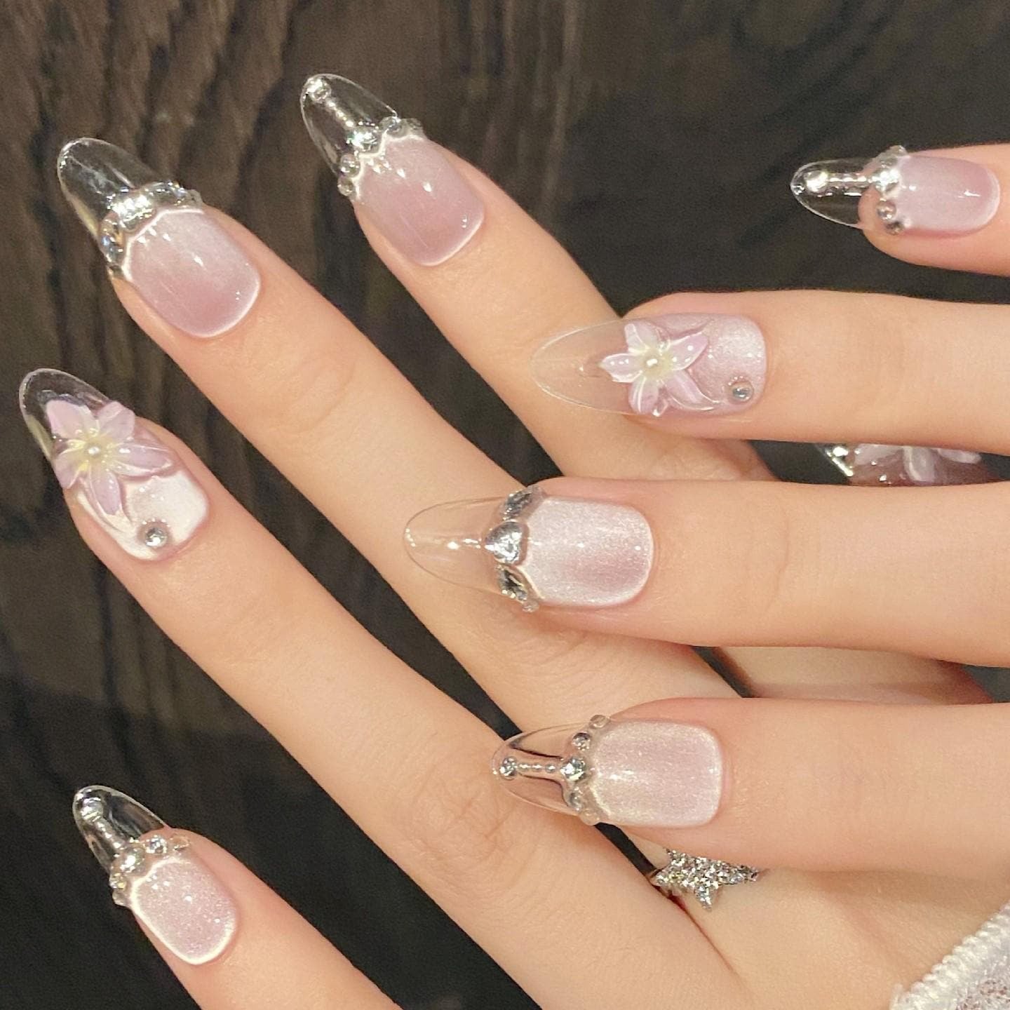 Icy Crystal Butterfly Press-On Nails Long Clear & White Glam Set soft 3d butterflies flowers silver crystal charms bridal elegance fairycore
