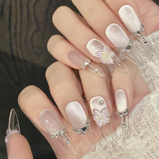 Icy Crystal Butterfly Press-On Nails Long Clear & White Glam Set soft 3d butterflies flowers silver crystal charms bridal elegance fairycore