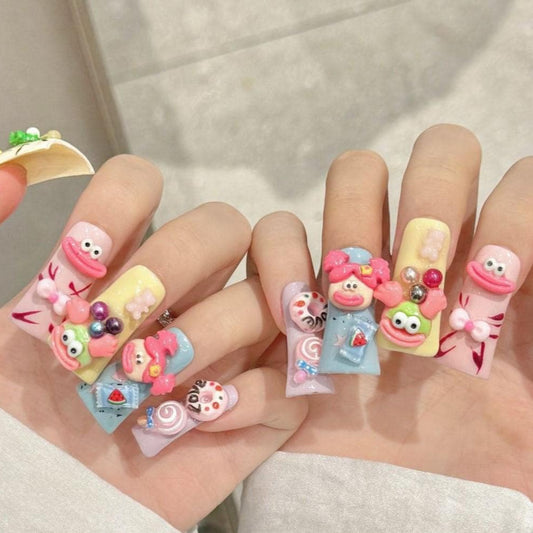 Whimsical Cartoon 3D Kawaii Nails Mixed Character Fun Set press on glue on nails  faces bows candy bubbly pastel quirky characters fun cute