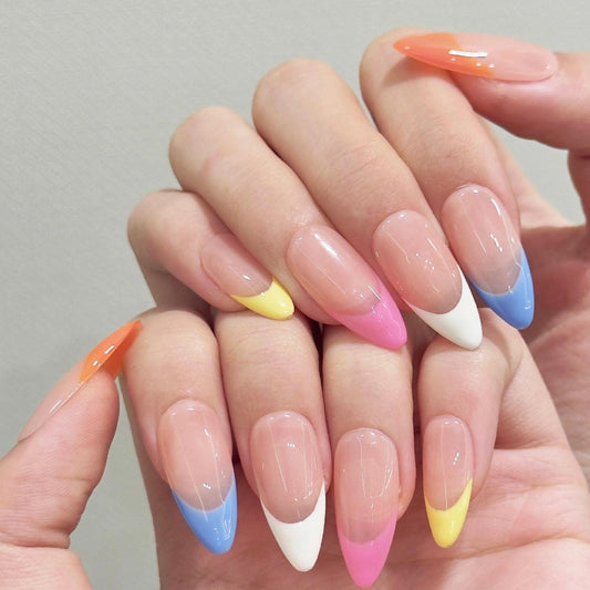 Pastel Rainbow French Tip Press-On Nails – Minimalist Color Pop Set glue on multicolor faux nude base colorful tips artificial nails