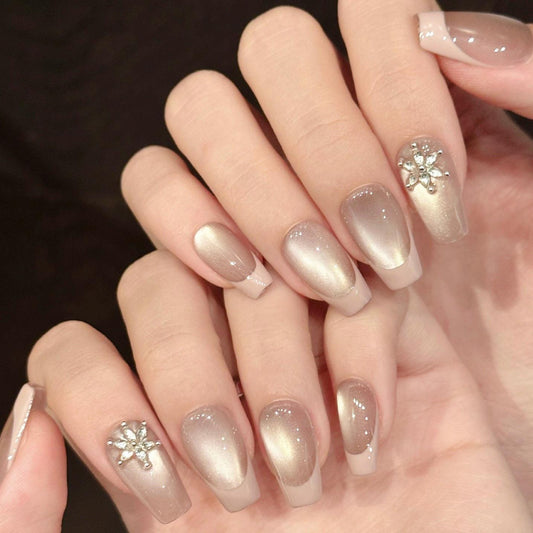 Champagne Glow Press-On Nails – Nude Ombre with Rhinestone Accents glue on artificial short square polished soft glam classy look