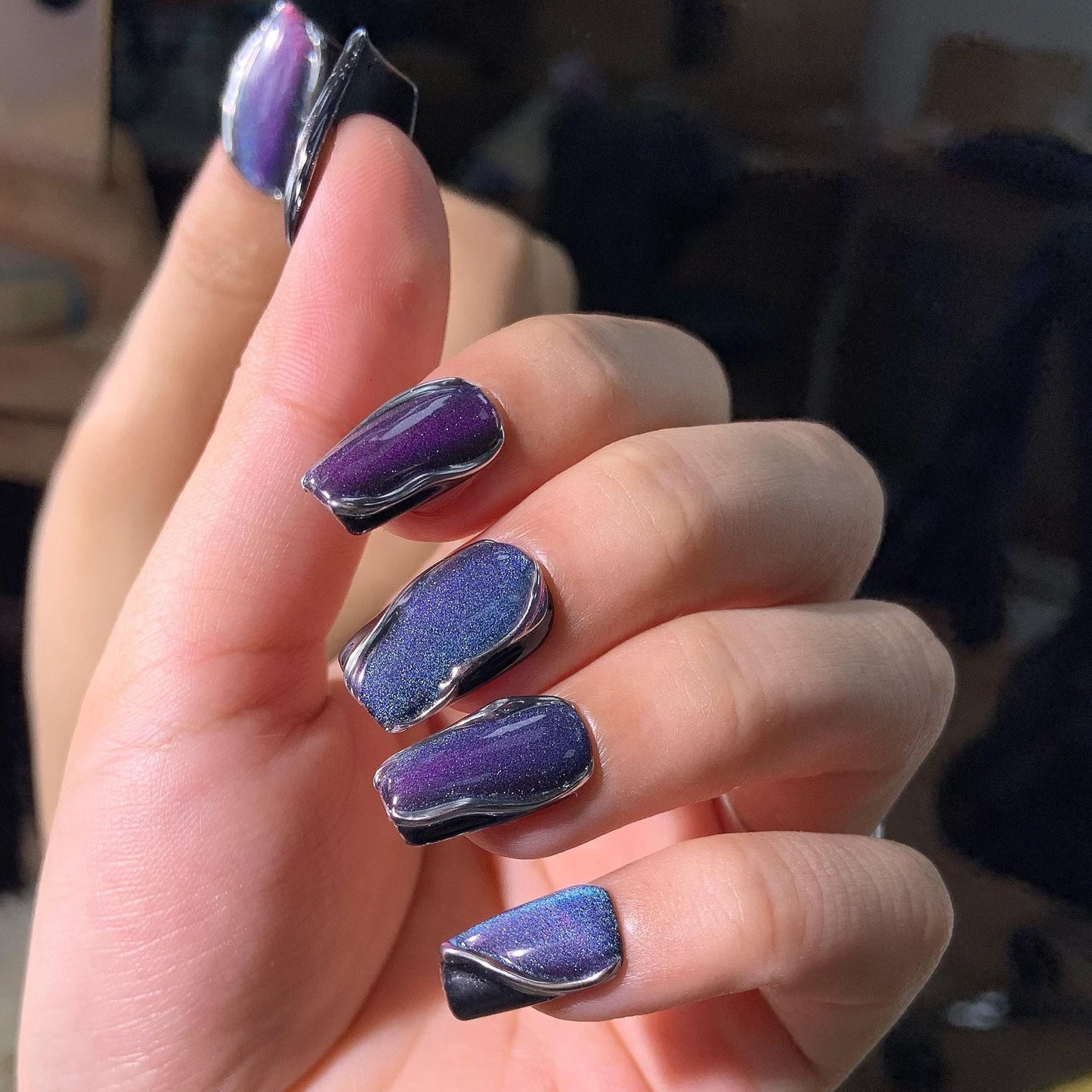 press-on nails chrome purple magnetic polish black edge square metallic art 3D nail design bold style abstract trendy design edgy handmade
