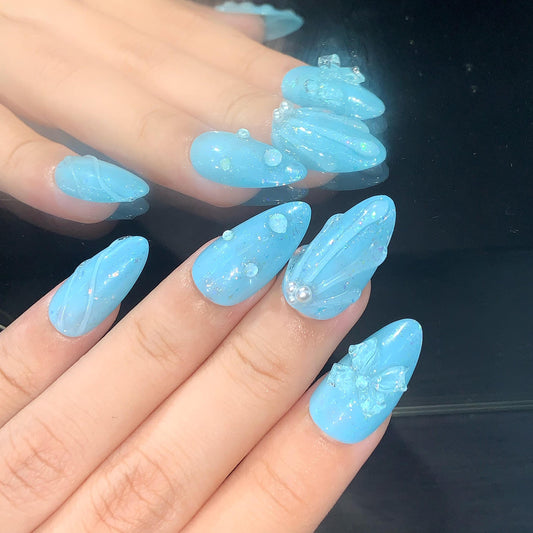 Ocean Blue Mermaid Nails – 3D Shell & Pearl Accents glue on artificial faux nails