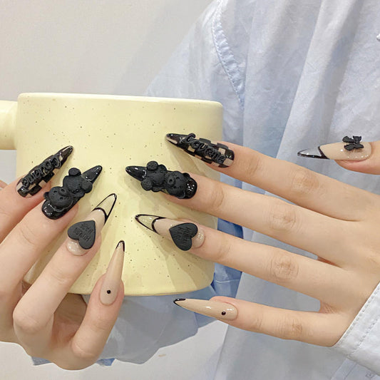 Gothic Bear Love Press-On Nails Matte Black 3D Charm Nude Set glue on artificial faux black teddy bears bows heart charms art long stiletto