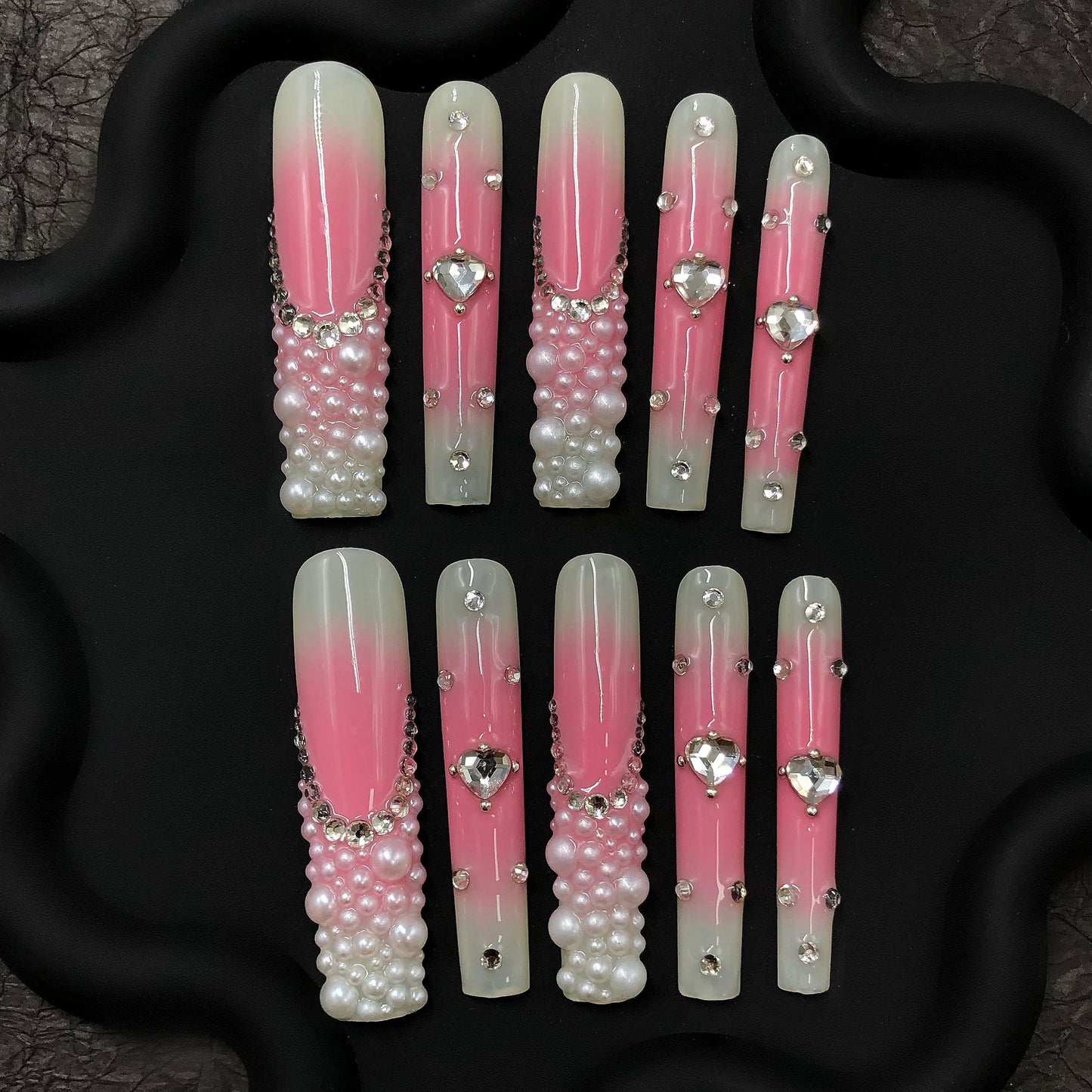 Pearl Princess Ombre Nails – Rhinestone & Bead Luxury Set glue on artificial faux nails