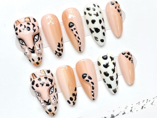 Wild Instinct Press-On Nails – 3D Leopard Face & Animal Print Set glue on artificial faux nails medium almond nude peach white cool nail art