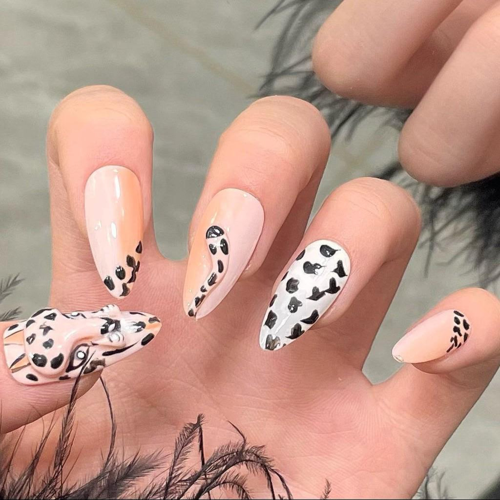 Wild Instinct Press-On Nails – 3D Leopard Face & Animal Print Set glue on artificial faux nails medium almond nude peach white cool nail art