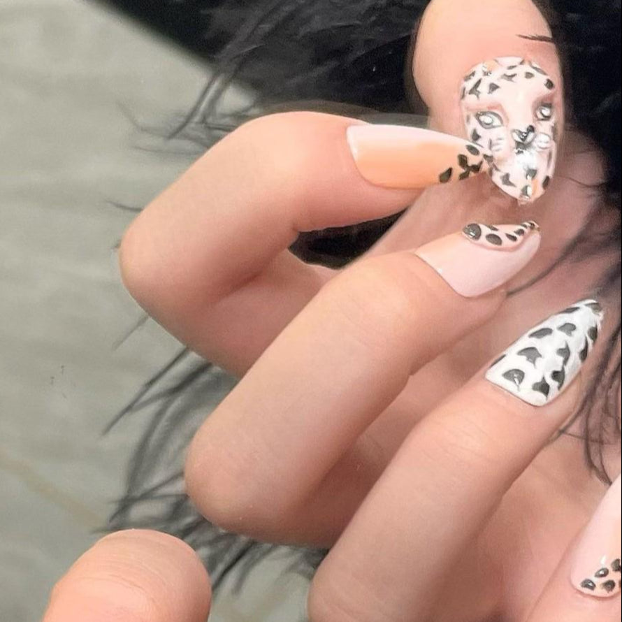 Wild Instinct Press-On Nails – 3D Leopard Face & Animal Print Set glue on artificial faux nails medium almond nude peach white cool nail art