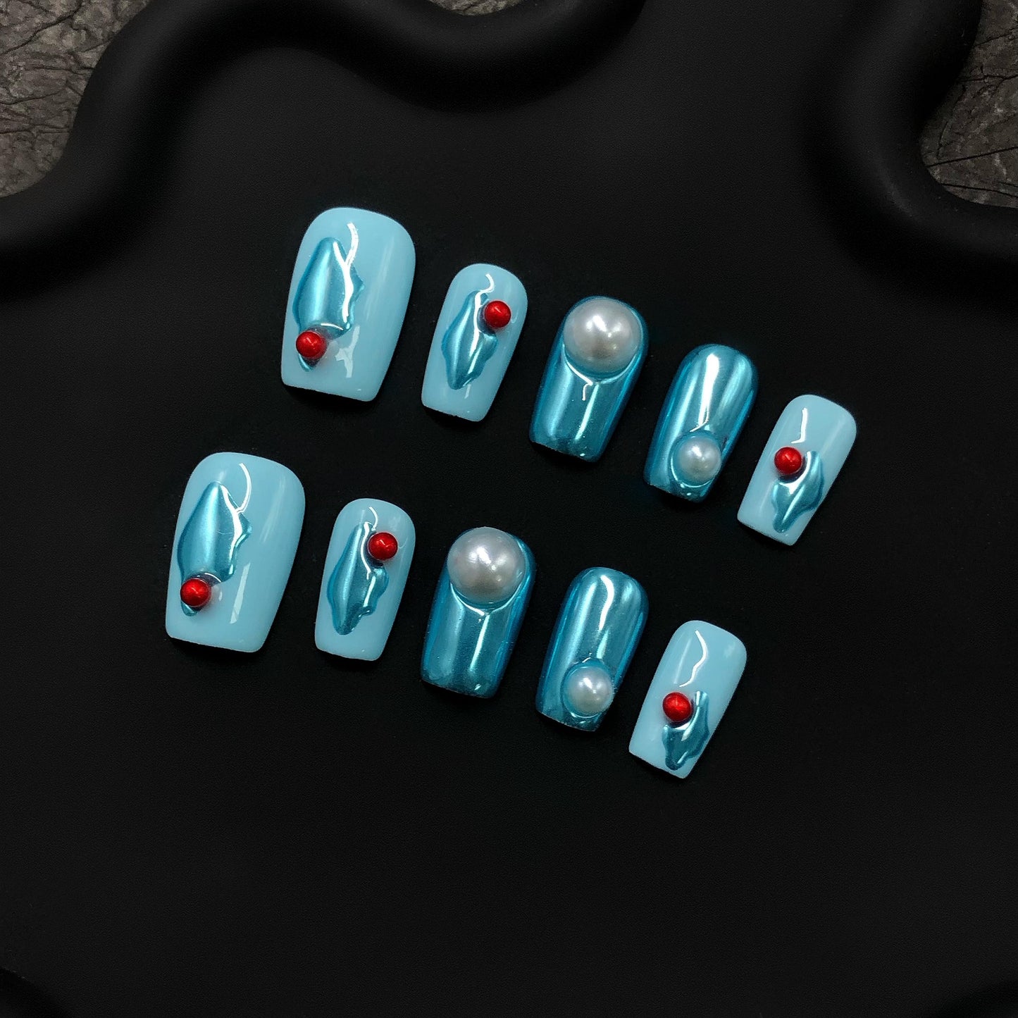 Press-on nails short metallic, blue nails pearl embellishments, 3D short art abstract design, glossy finish, trendy nails, artistic manicure