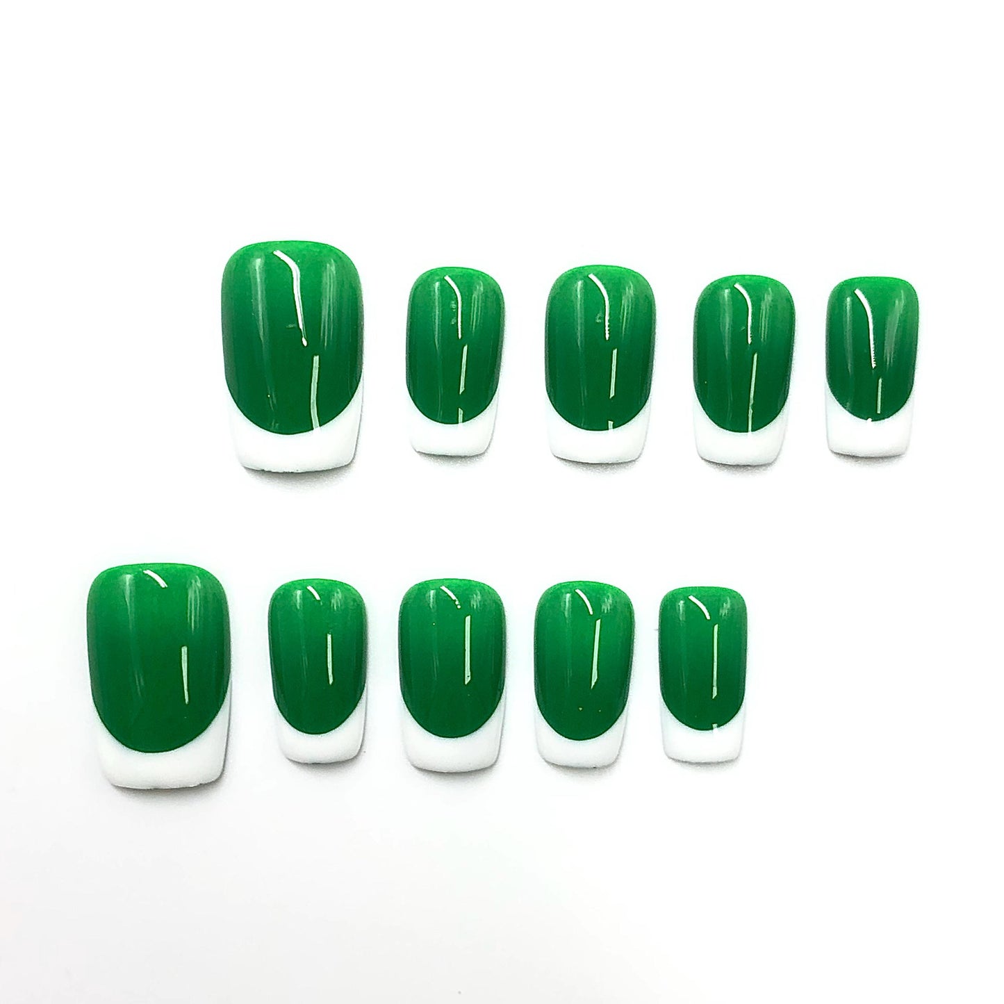Press-on nails short square green French tip glossy classic nail design, acrylic artificial nails, manicure, simple nail art, elegant nails.