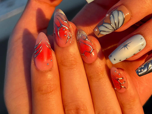 Chrome Flame Heart Nails – Red Ombré Press On Nails with 3D Metallic Art & Star Charms glue on artificial faux y2k valentine glam vibe