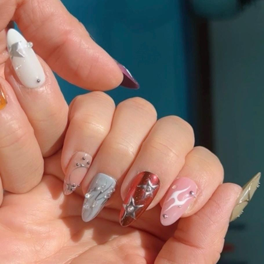 Retro Chrome Star Nails – Mixed Flame & Pearl Accent Press On Set in Multicolor glue on artificial faux nails hand painted nail art cool