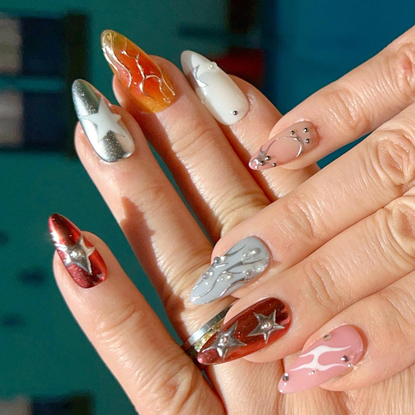 Retro Chrome Star Nails – Mixed Flame & Pearl Accent Press On Set in Multicolor glue on artificial faux nails hand painted nail art cool
