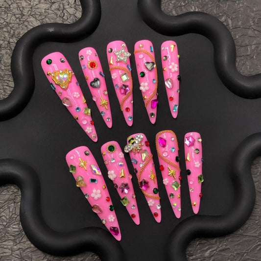 Bedazzled Pink Press On Nails – Maximalist Crystal Stiletto Set Manicure press on artificial glue on faux reusable trendy nail
