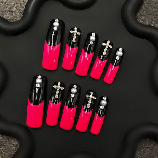 Hot Pink & Black Pearl Claw Press On Nails – Curved Y2K Glam Set