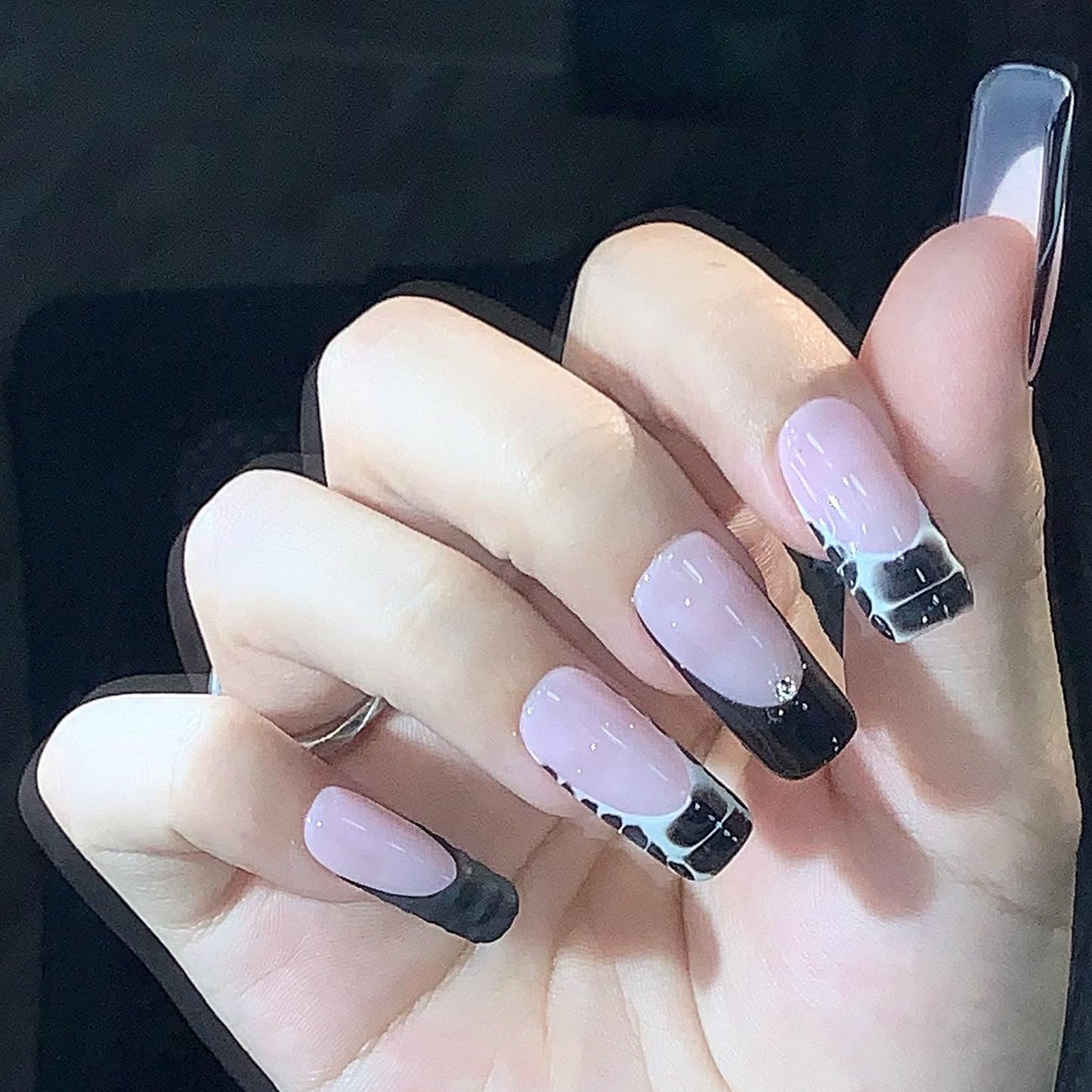 Glossy Black Chrome Tip Press On Nails – Edgy Grid Accent Square Set