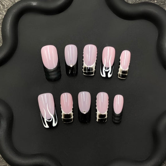 Glossy Black Chrome Tip Press On Nails – Edgy Grid Accent Square Set