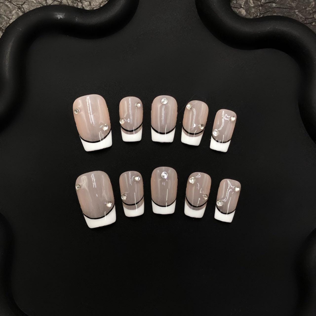 Elegant French Tip Press On Nails – Nude & White with Black Accent – Rhinestone Embellished Glossy Nails – Custom Luxury Nail Set
