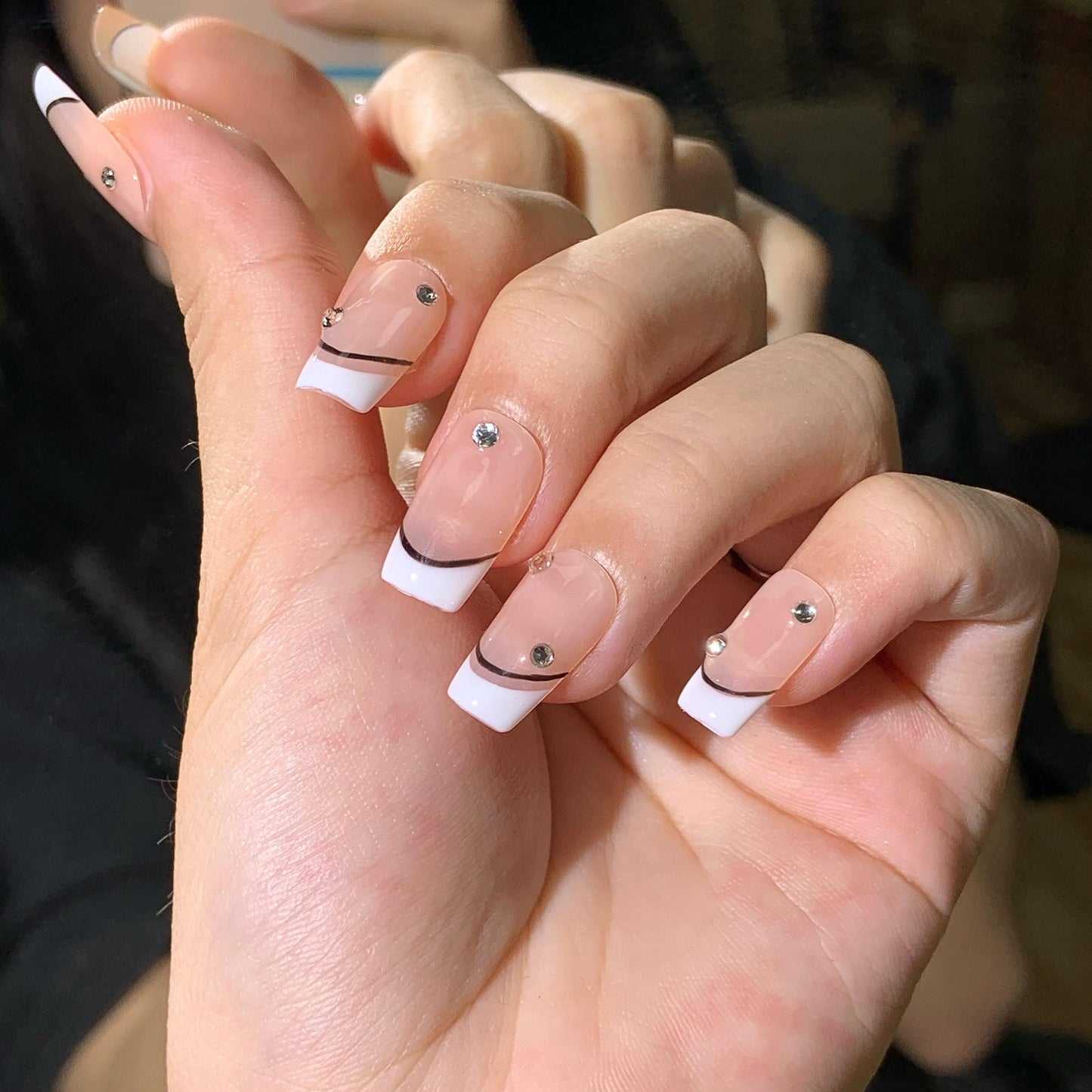 Elegant French Tip Press On Nails – Nude & White with Black Accent – Rhinestone Embellished Glossy Nails – Custom Luxury Nail Set