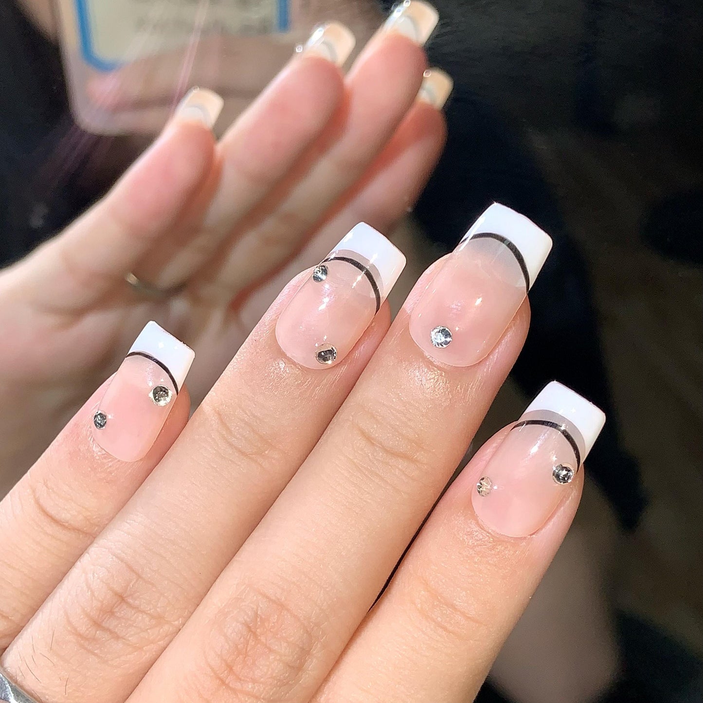 Elegant French Tip Press On Nails – Nude & White with Black Accent – Rhinestone Embellished Glossy Nails – Custom Luxury Nail Set