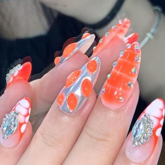 Neon Coral Chrome & Rhinestone Glam Press-On Nails – Mixed Texture Stiletto Set glue on artificial faux nails
