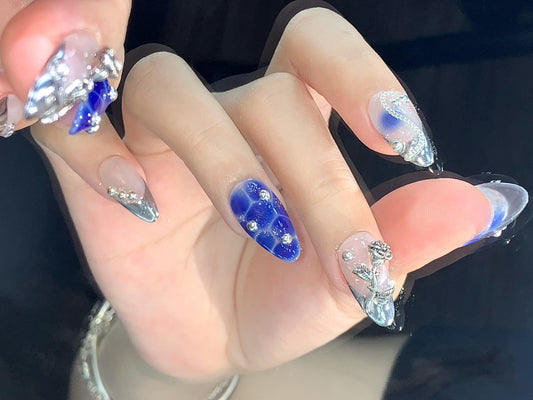 Midnight Blue Chrome Rose Press-On Nails – Gothic Metallic Glam Set glue on artificial faux short almond nails floral 3d dark romantic art