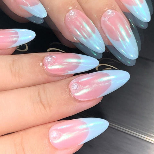 Iridescent Baby Pink & Blue Chrome Almond Nails – Pearl Accent Fairycore Set glue on artificial faux medium almond nails hand painted art