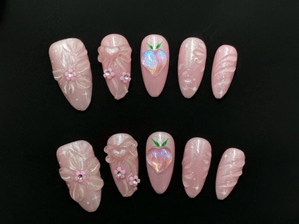Peachy Pink 3D Jelly Nails – Kawaii Fruit & Floral Fantasy Press-On Set glue on artificial faux nails fruity holographic cute nail art