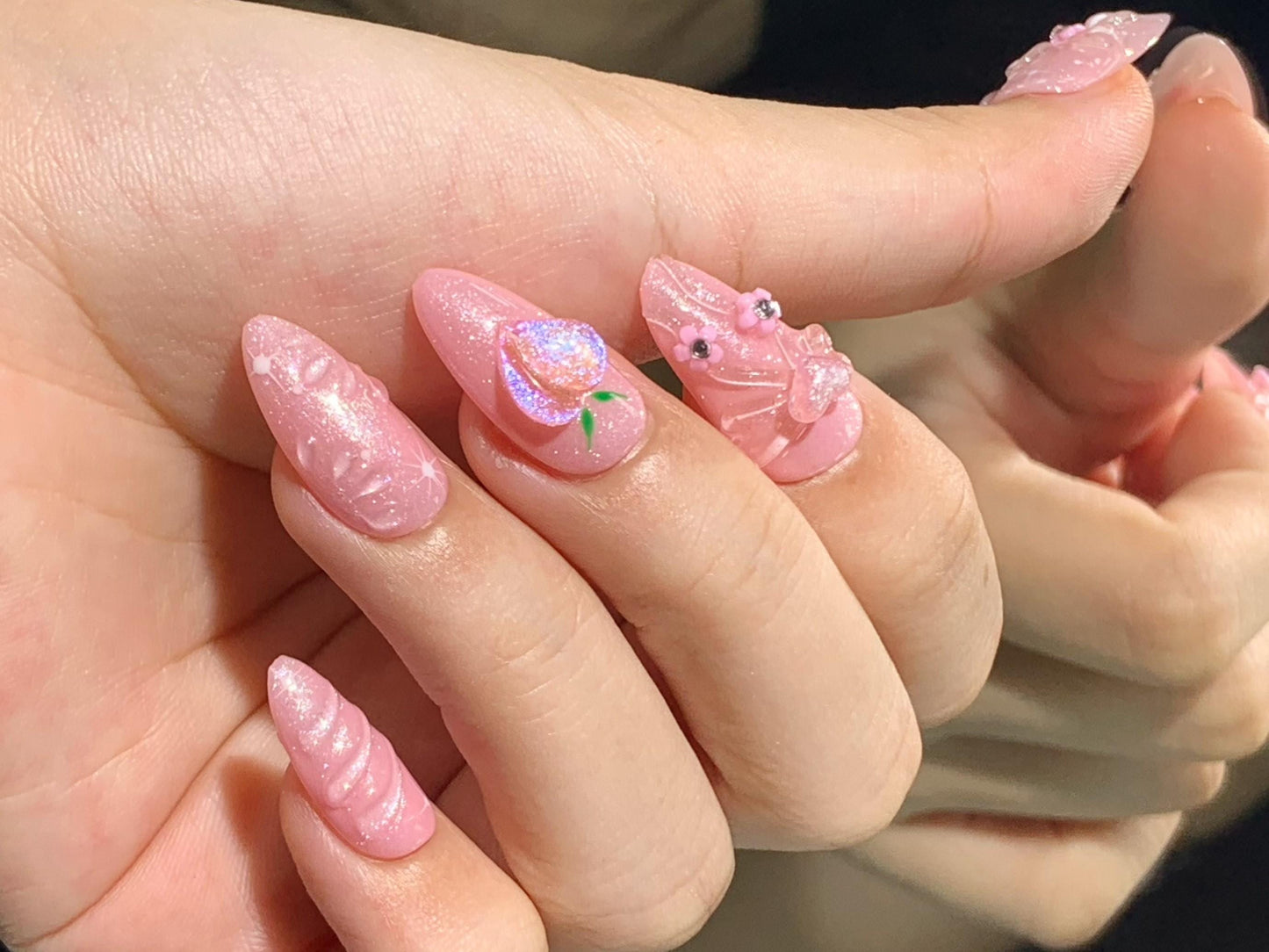 Peachy Pink 3D Jelly Nails – Kawaii Fruit & Floral Fantasy Press-On Set glue on artificial faux nails fruity holographic cute nail art