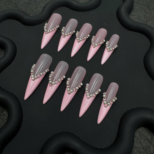 Blush Pink Ombre Crystal V-Tip Stiletto Press-On Nails