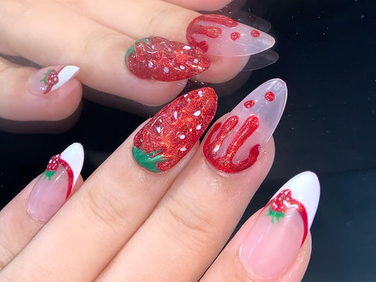 Strawberry Glaze Press-On Nails – Juicy Red Glitter Fruit Art Set glue on artificial faux berry nails pink red white green short almond art