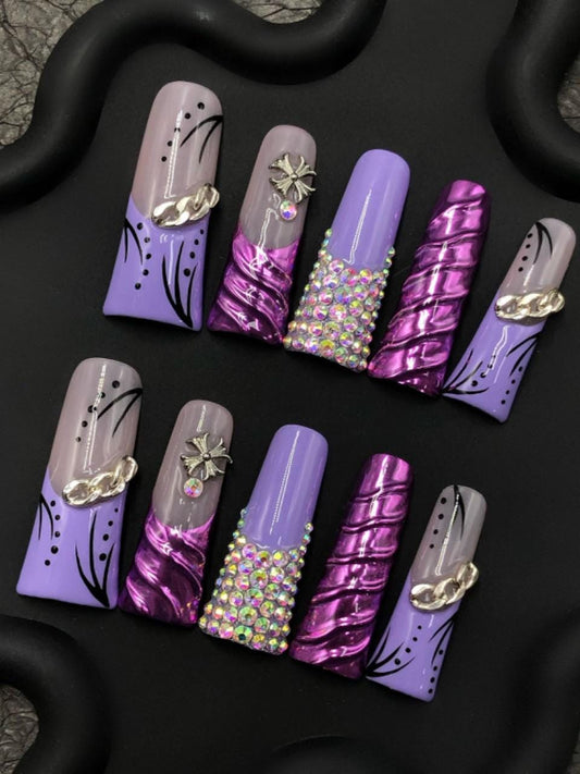 Glam Purple Chrome Press-On Nails with Rhinestones & Chain Accents – Extra Long Coffin Set long duck artificial glue on faux nail art