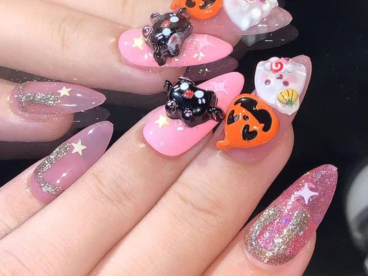 3D Halloween Kawaii Press-On Nails – Pink Stars, Glitter, and Cute Spooky Charms Artificial fake glue on faux manicure nails trendy art