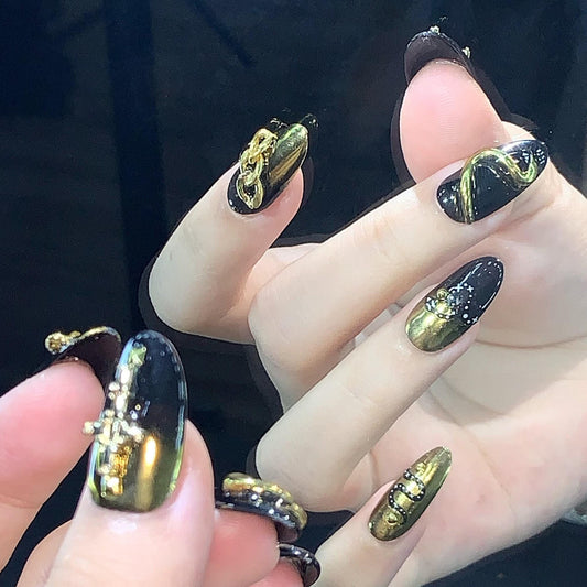 Luxury Black & Gold Cat-Eye Press-On Nails – Celestial Charm and 3D Accents Artificial reusable fake glue on faux manicure nails trendy art
