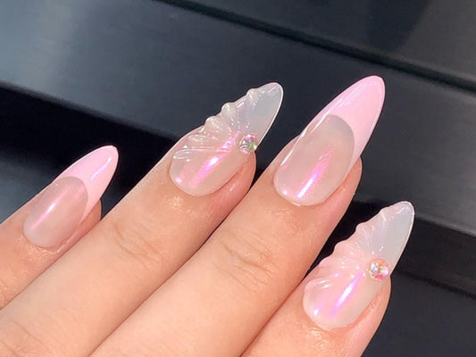 Iridescent Butterfly Press-On Nails Pink Chrome French Tips with 3D Wings & Crystals Artificial reusable fake glue on faux manicure nail art