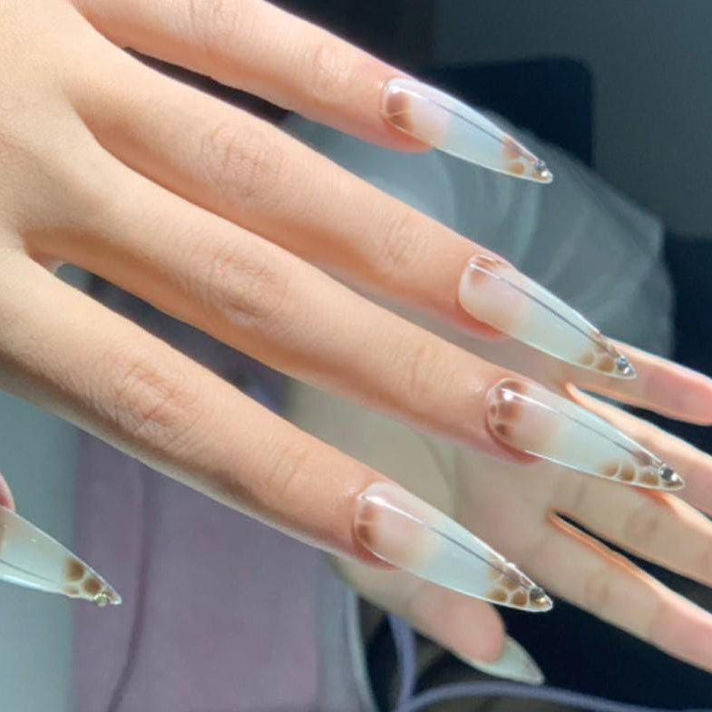 Glossy Caramel Fade Press-On Nails  Long Stiletto with Giraffe Print & Rhinestones Artificial reusable fake glue on faux manicure trendy art