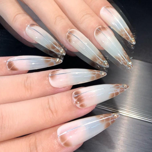 Glossy Caramel Fade Press-On Nails  Long Stiletto with Giraffe Print & Rhinestones Artificial reusable fake glue on faux manicure trendy art