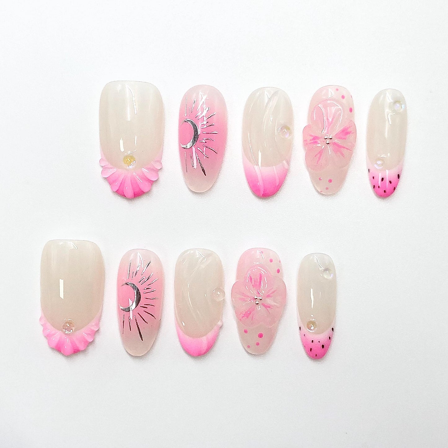 Pink and Clear Short Oval Press on Hand Painted nails, moon design, shell, flower