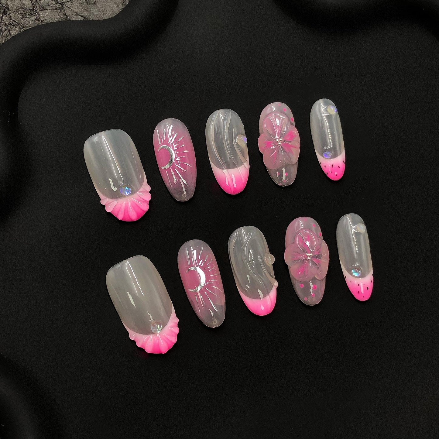 Pink and Clear Short Oval Press on Hand Painted nails, moon design, shell, flower
