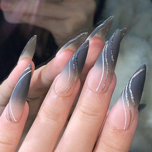 Glamorous Black Tip and Pink Glitter Long Stiletto Hand Painted Press on Nails