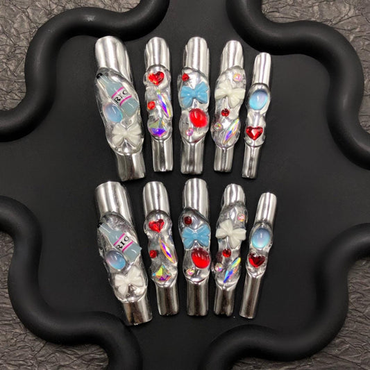 Chrome Heart Capsule Press On Nails – 3D Bow & Bubble Charm Futuristic Set Artificial reusable fake glue on faux manicure nails trendy art