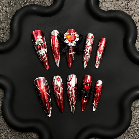 Bloody Gothic Chrome Press On Nails – Vampire Heart & Spider Web Set Artificial reusable fake glue on faux manicure nails trendy art
