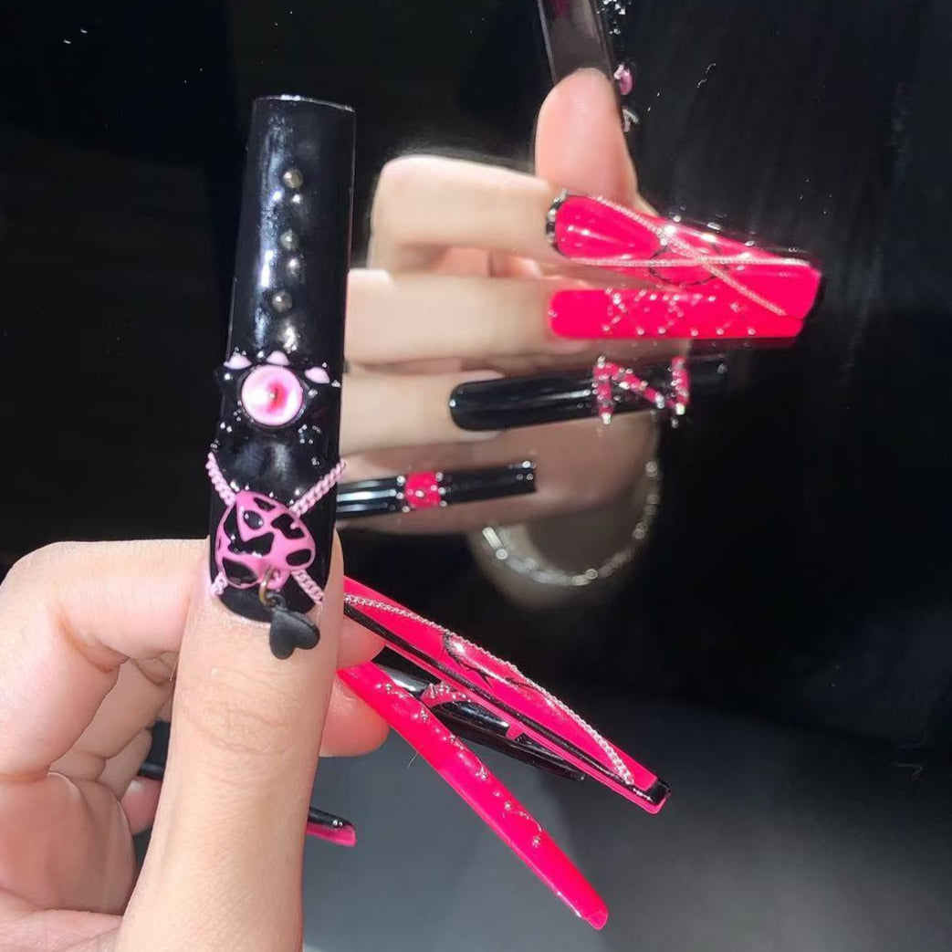 Hot Pink & Black Gothic Baddie Press On Nails – Eye Charm  Chain Corset Set Artificial reusable fake glue on faux manicure nails trendy art