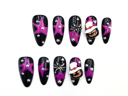 Spooky Star Halloween Press On Nails – Black & Purple Pumpkin Spider Set Artificial reusable fake glue on faux manicure nails trendy art