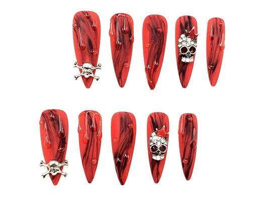 Bloody Skull Drip Press On Nails – Red & Black Flame Horror Set Artificial reusable fake glue on faux manicure nails trendy art