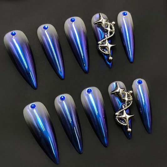 Midnight Galaxy Press On Nails – Blue Ombre with Star Charm Accent Artificial reusable fake glue on faux manicure nails trendy art