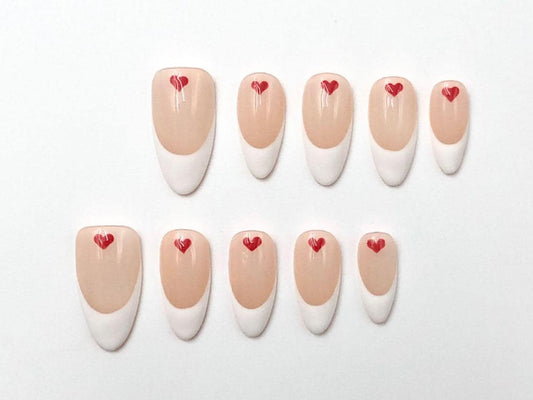 White French Tip Press-On Nails with Red Heart Accent – Minimalist Love Nail Set title tags keywords description
