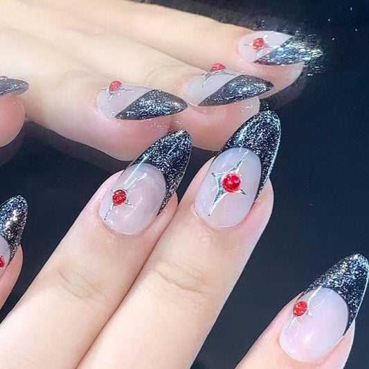Black Glitter French Tip Press-On Nails with Red Gem Star Accents – Glam Gothic Nail Set